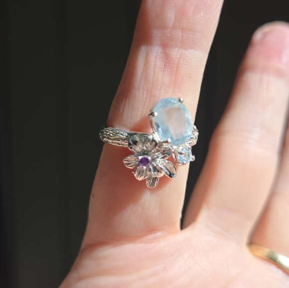 Aquamarine 4k Topaz & Amethyst floral setting sterling & white gold ring sz8 - Picture 6 of 8